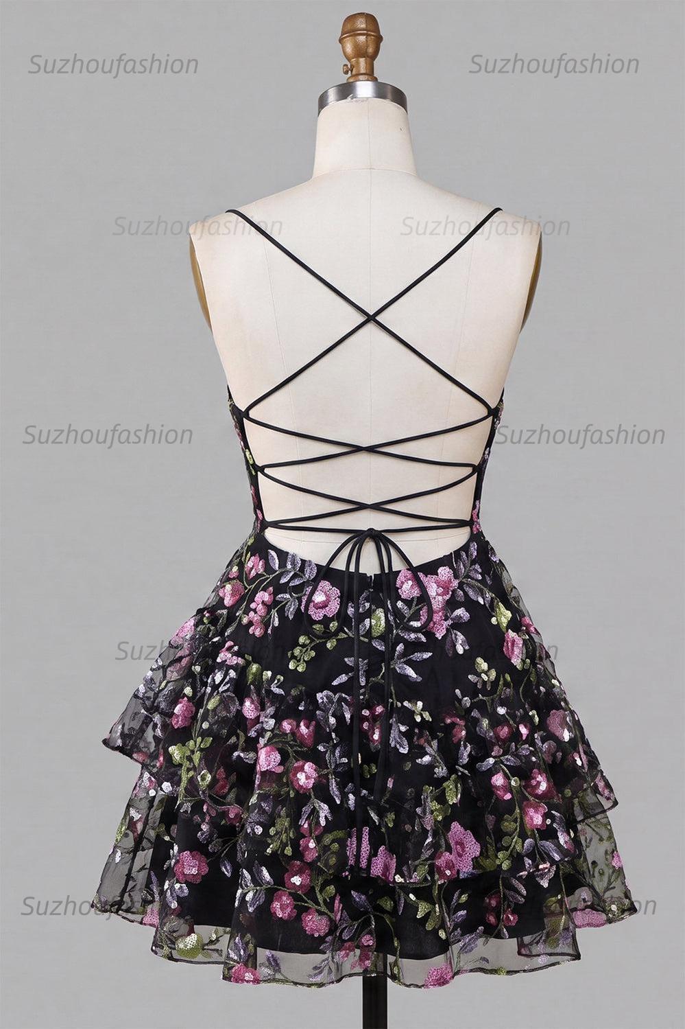 Suzhoufashion Floral Black Ruffled A Line Tiered Short Homecoming Dress