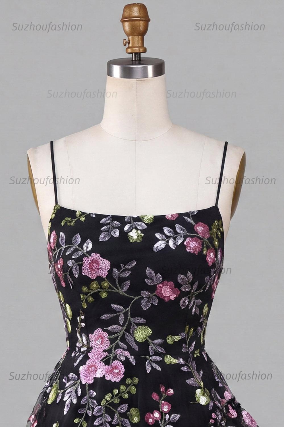 Suzhoufashion Floral Black Ruffled A Line Tiered Short Homecoming Dress