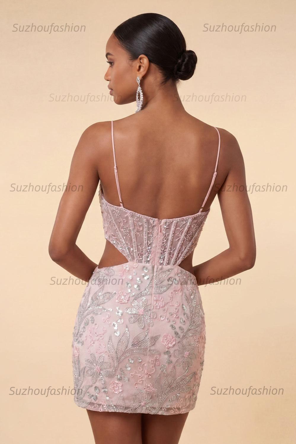 Suzhoufashion Floral Blush Corset Tight Cut Out Short Homecoming Dress