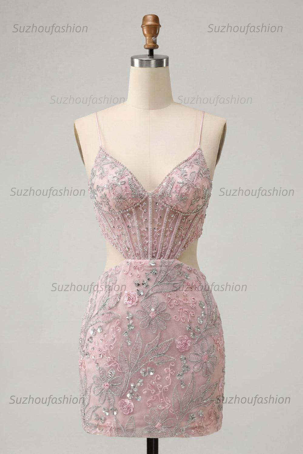Suzhoufashion Floral Blush Corset Tight Cut Out Short Homecoming Dress