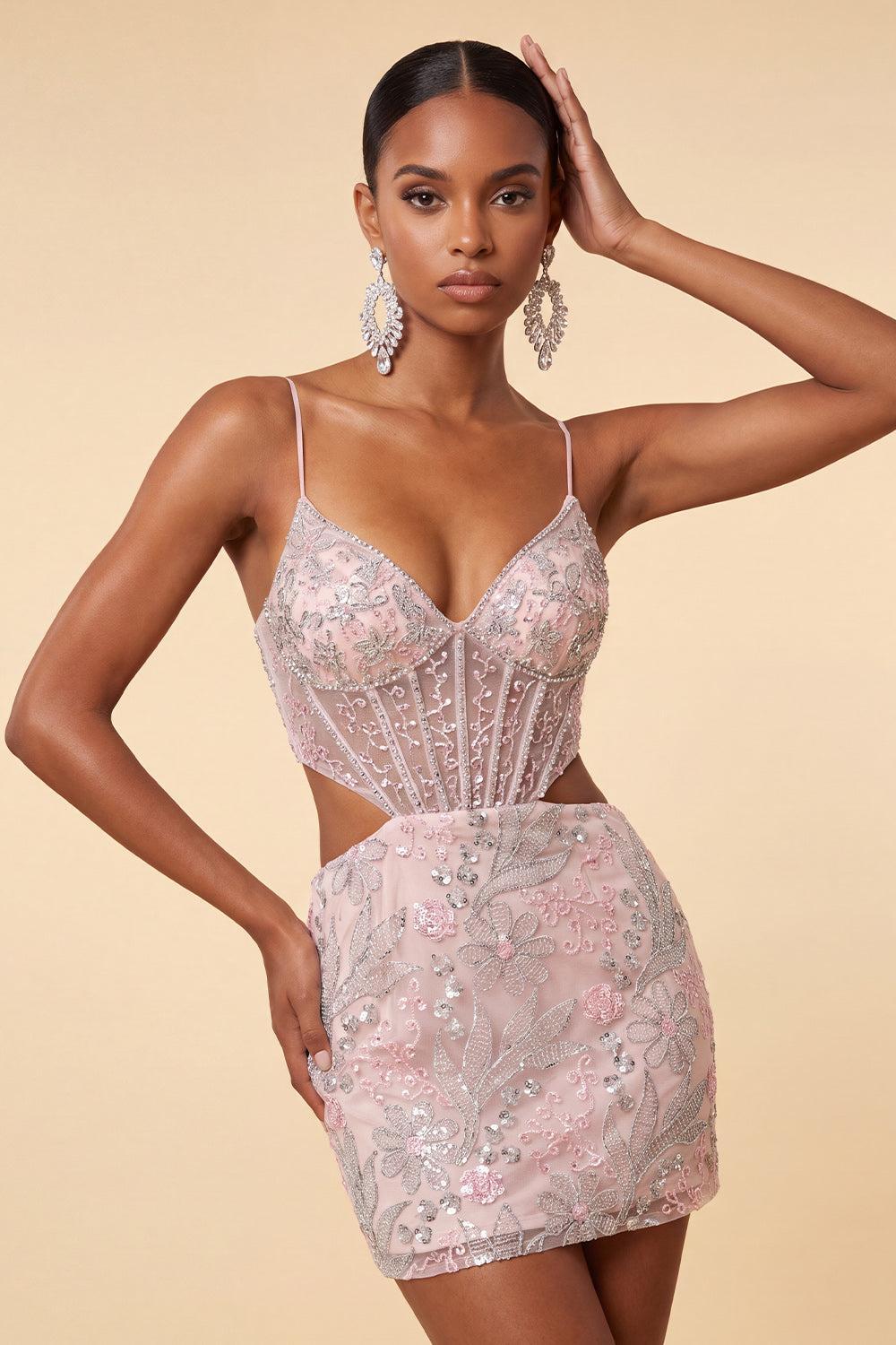 Suzhoufashion Floral Blush Corset Tight Cut Out Short Homecoming Dress