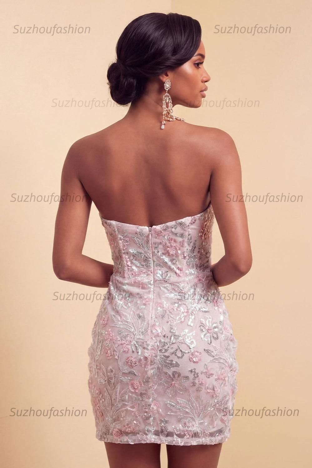 Suzhoufashion Floral Blush Corset Tight Ruched Sequins Short Homecoming Dress