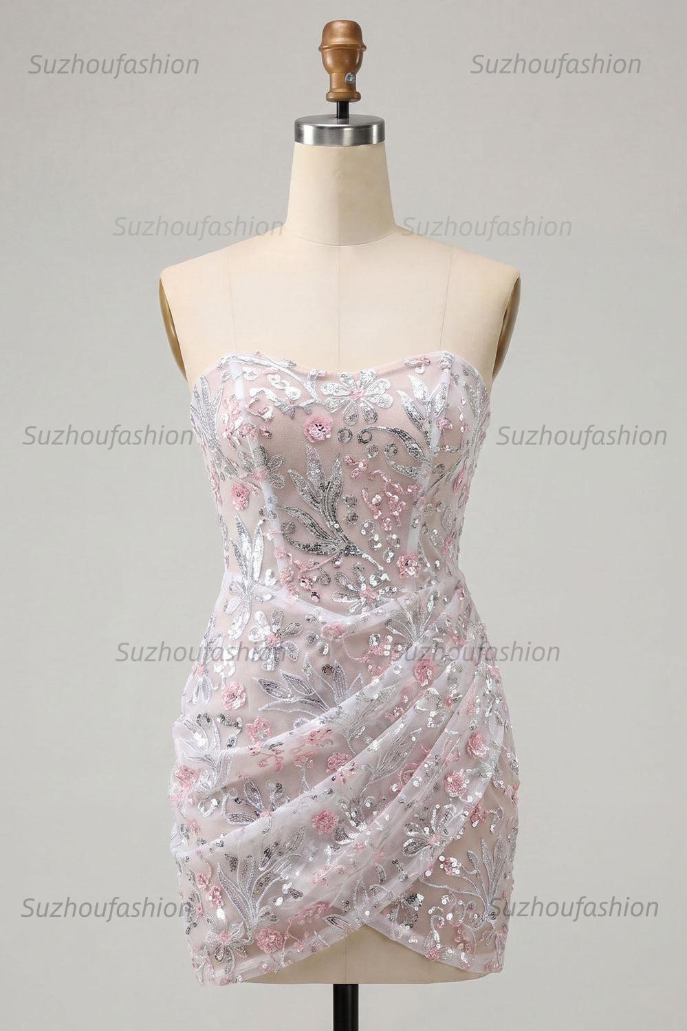 Suzhoufashion Floral Blush Corset Tight Ruched Sequins Short Homecoming Dress