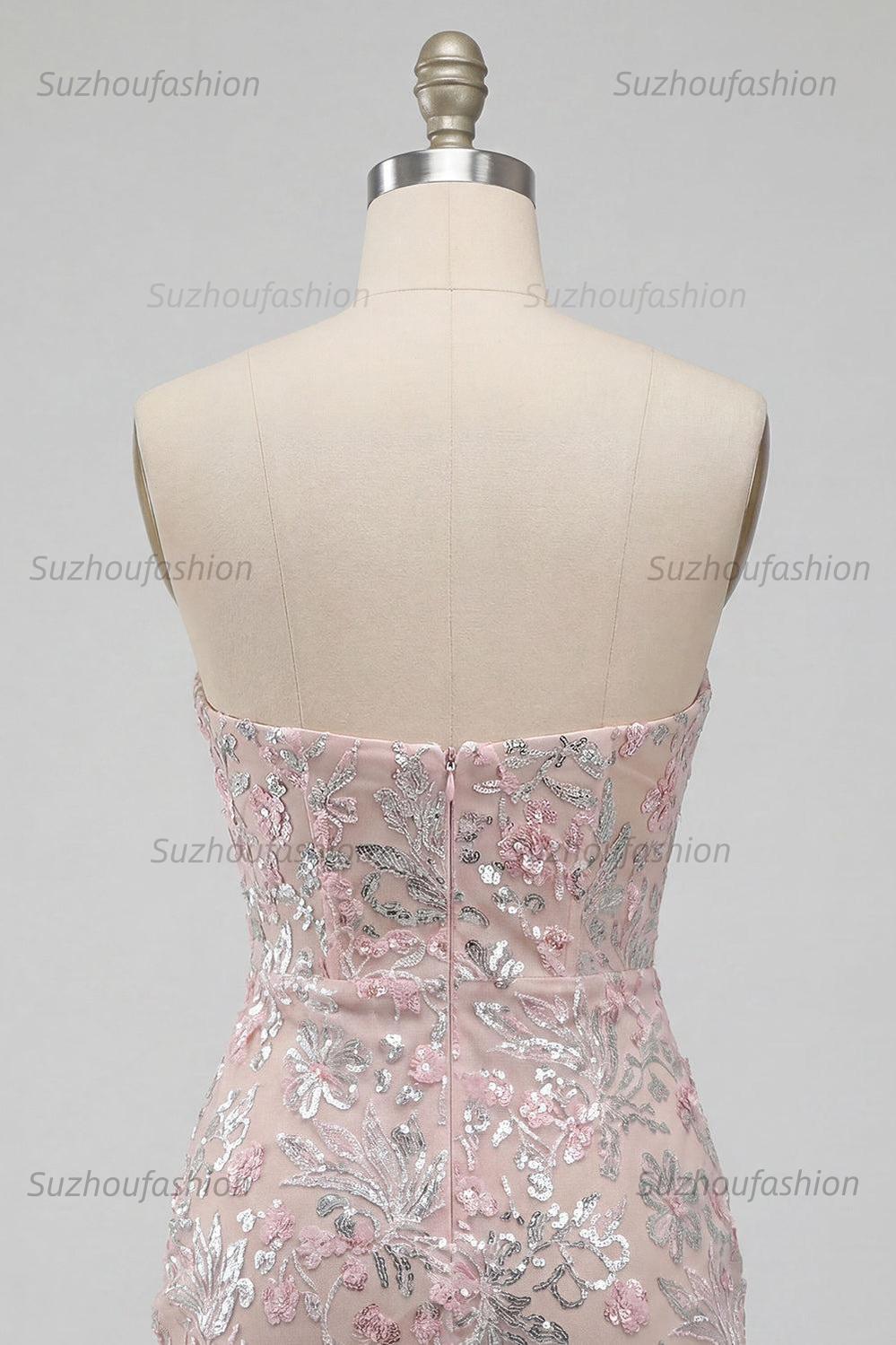 Suzhoufashion Floral Blush Corset Tight Ruched Sequins Short Homecoming Dress