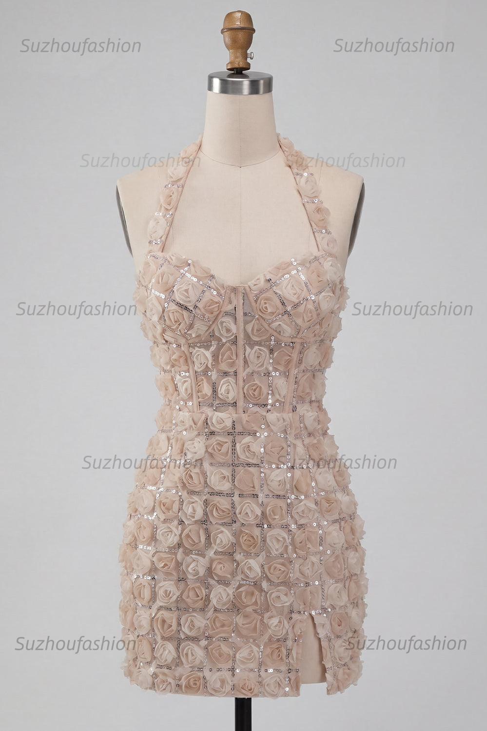 Suzhoufashion Floral Champagne Sequin Tight Short Corset Homecoming Dress