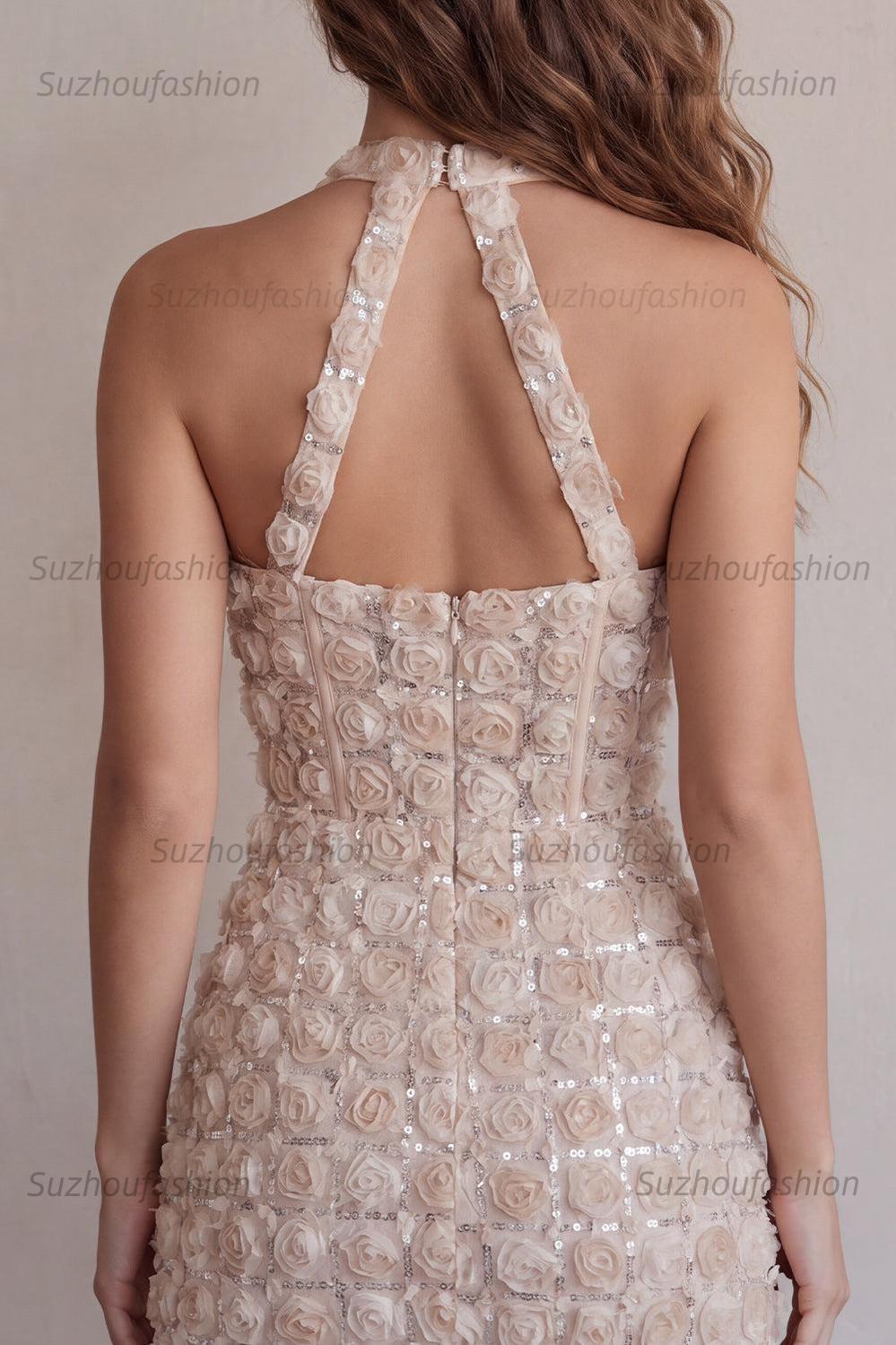 Suzhoufashion Floral Champagne Sequin Tight Short Corset Homecoming Dress