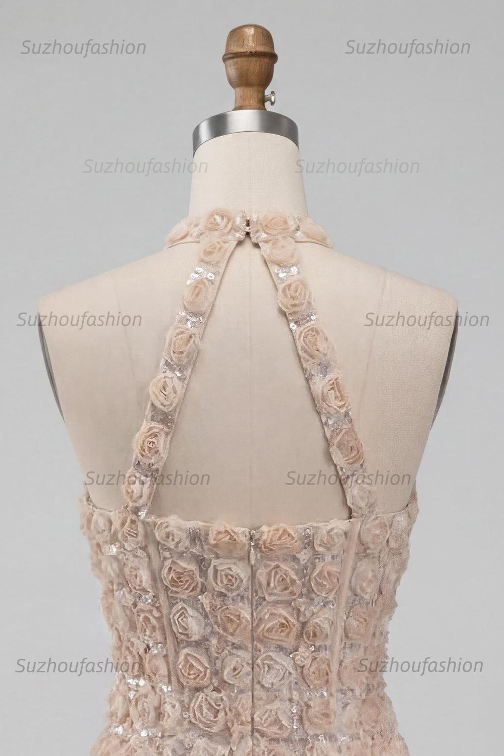 Suzhoufashion Floral Champagne Sequin Tight Short Corset Homecoming Dress