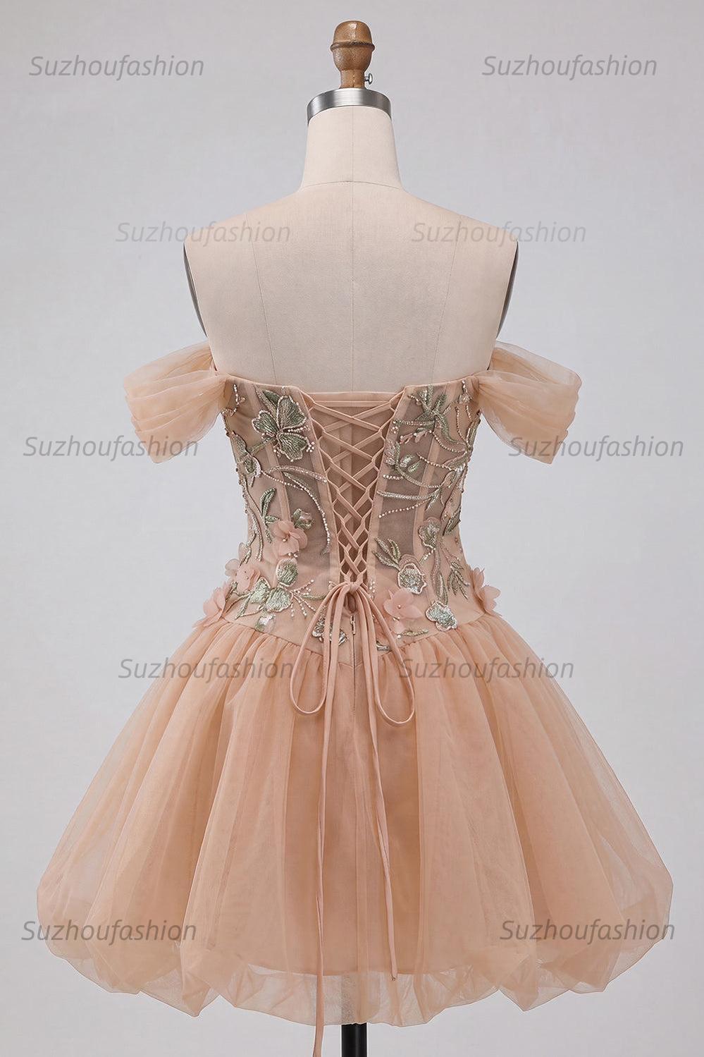 Suzhoufashion Floral Corset Light Pink A Line Beaded Short Homecoming Dress