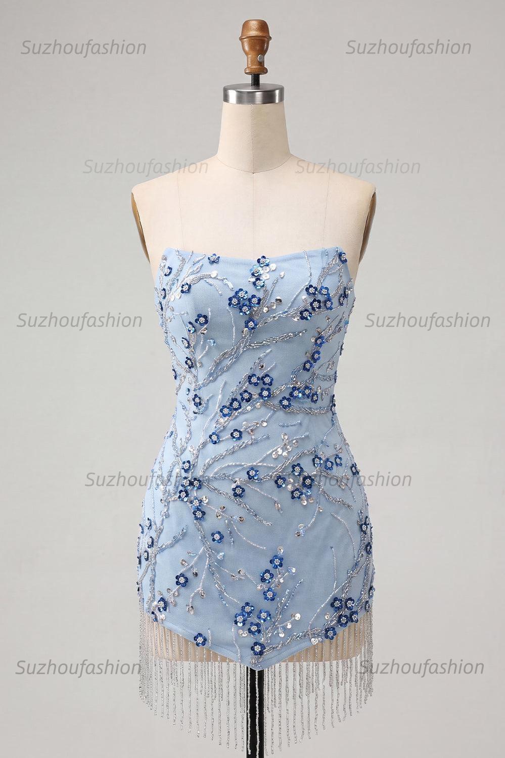 Suzhoufashion Floral Dusty Blue Tight Sequins Short Homecoming Dress with Fringes