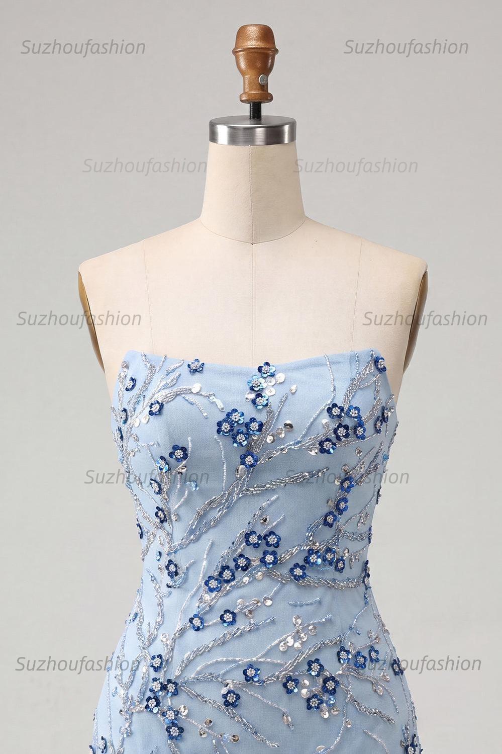 Suzhoufashion Floral Dusty Blue Tight Sequins Short Homecoming Dress with Fringes