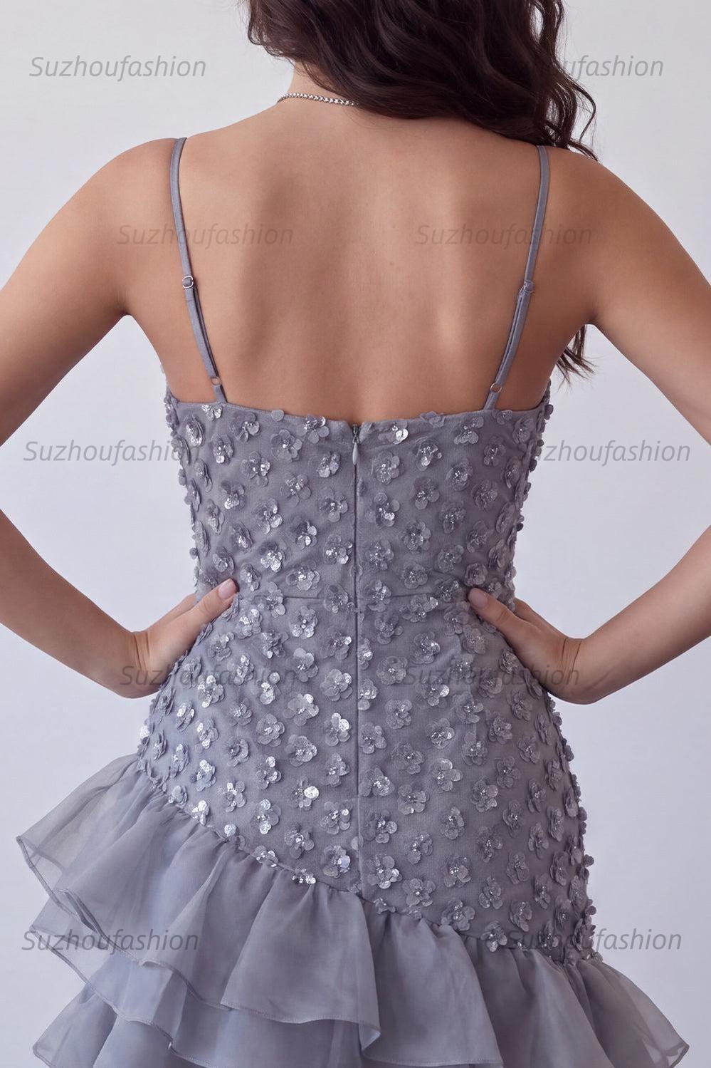 Suzhoufashion Floral Dusty Lavender Sequin Tight Short Homecoming Dress with Ruffles