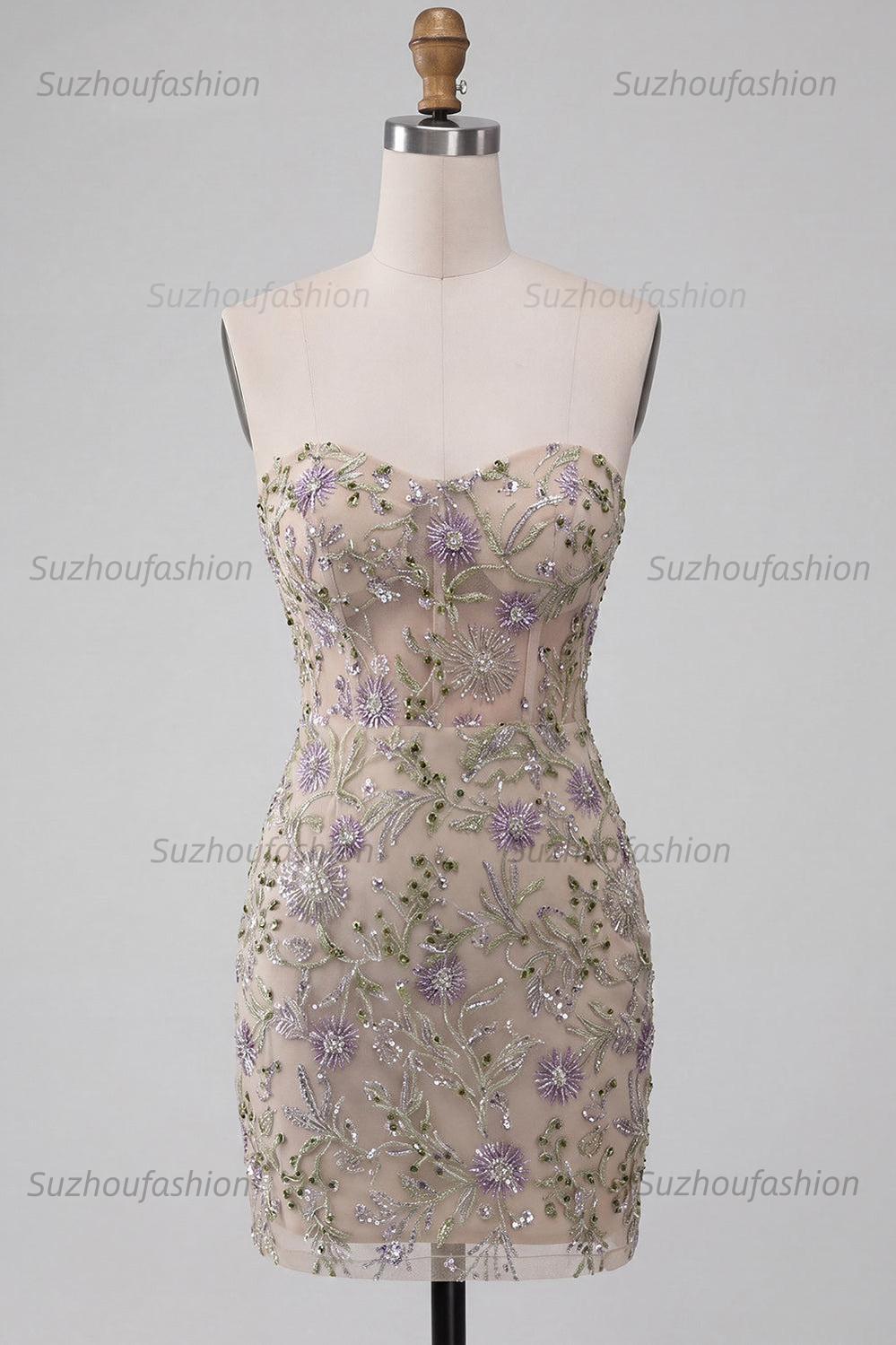 Suzhoufashion Floral Dusty Sage Beaded Tight Short Corset Homecoming Dress