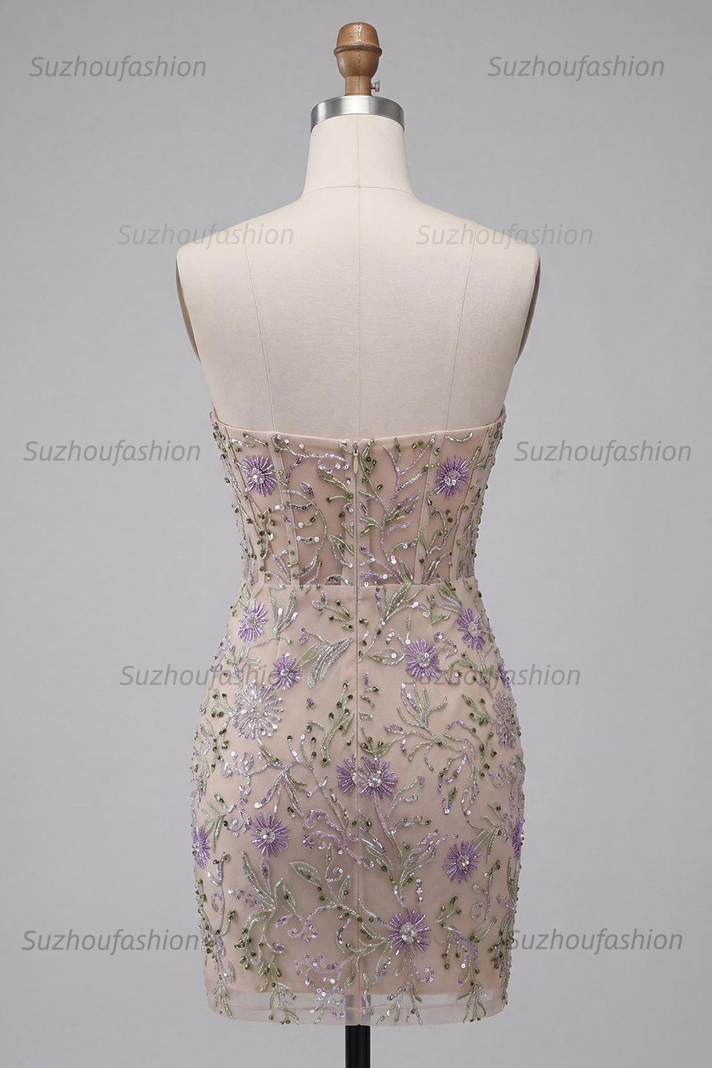 Suzhoufashion Floral Dusty Sage Beaded Tight Short Corset Homecoming Dress