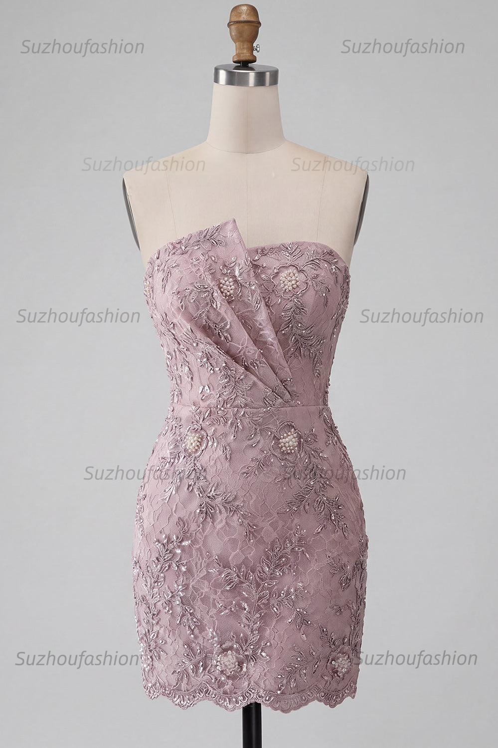 Suzhoufashion Floral Fog Lace Strapless Tight Short Beaded Homecoming Dress