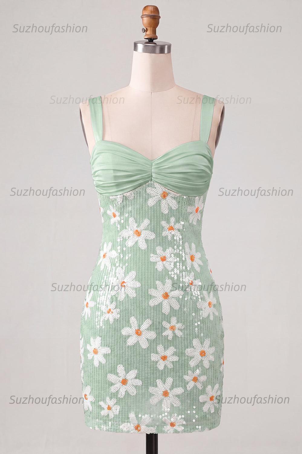 Suzhoufashion Floral Green Sequins Tight Ruched Short Homecoming Dress