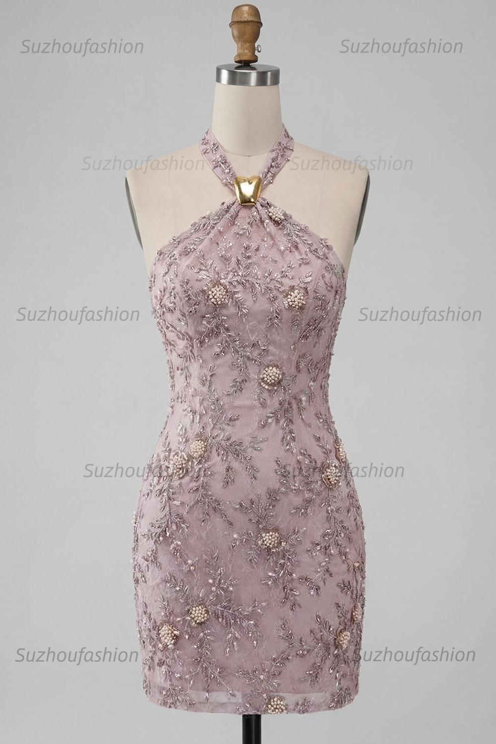 Suzhoufashion Floral Halter Fog Tight Short Beaded Homecoming Dress