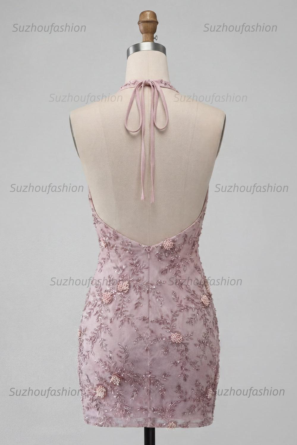 Suzhoufashion Floral Halter Fog Tight Short Beaded Homecoming Dress