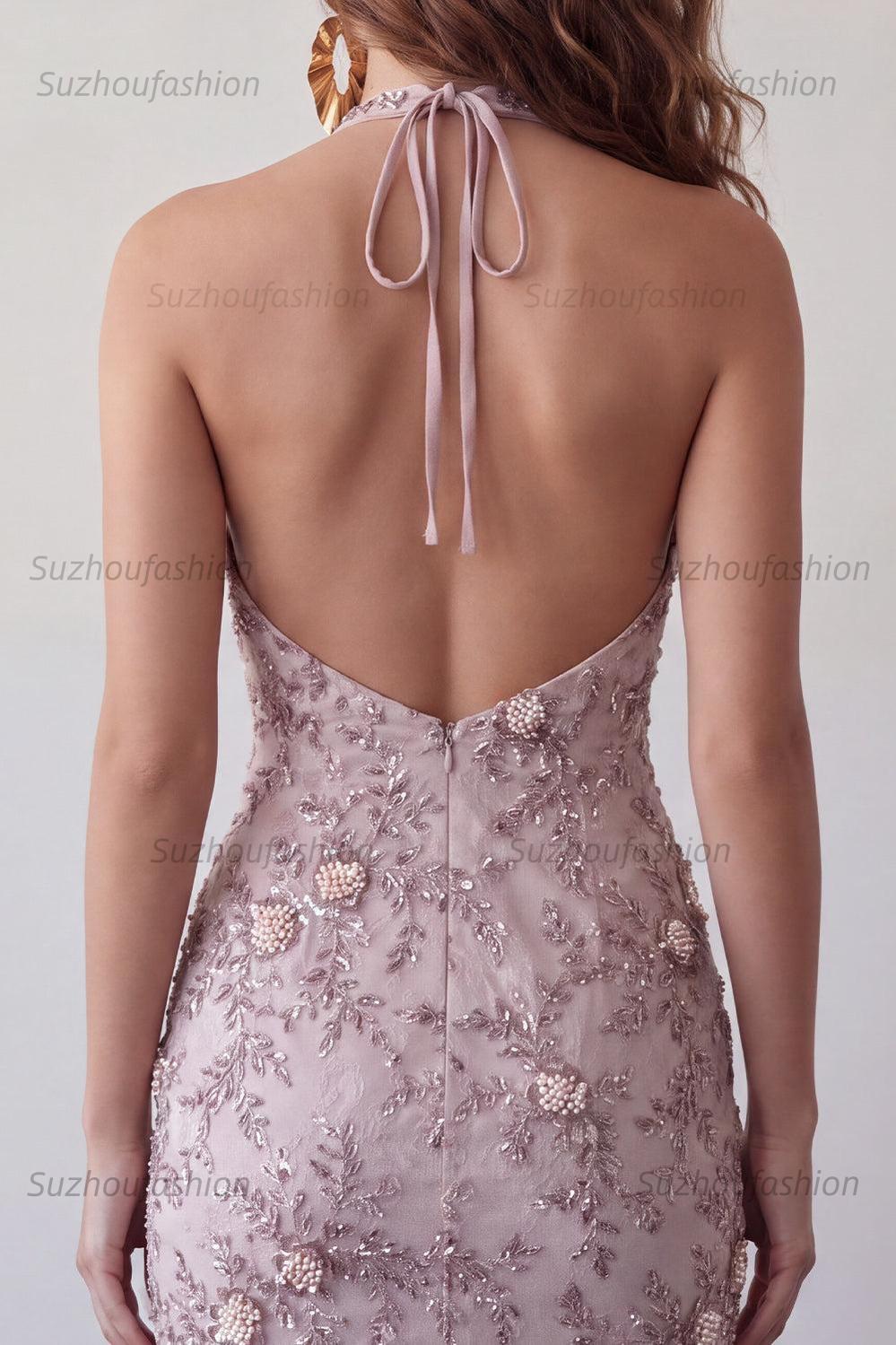 Suzhoufashion Floral Halter Fog Tight Short Beaded Homecoming Dress
