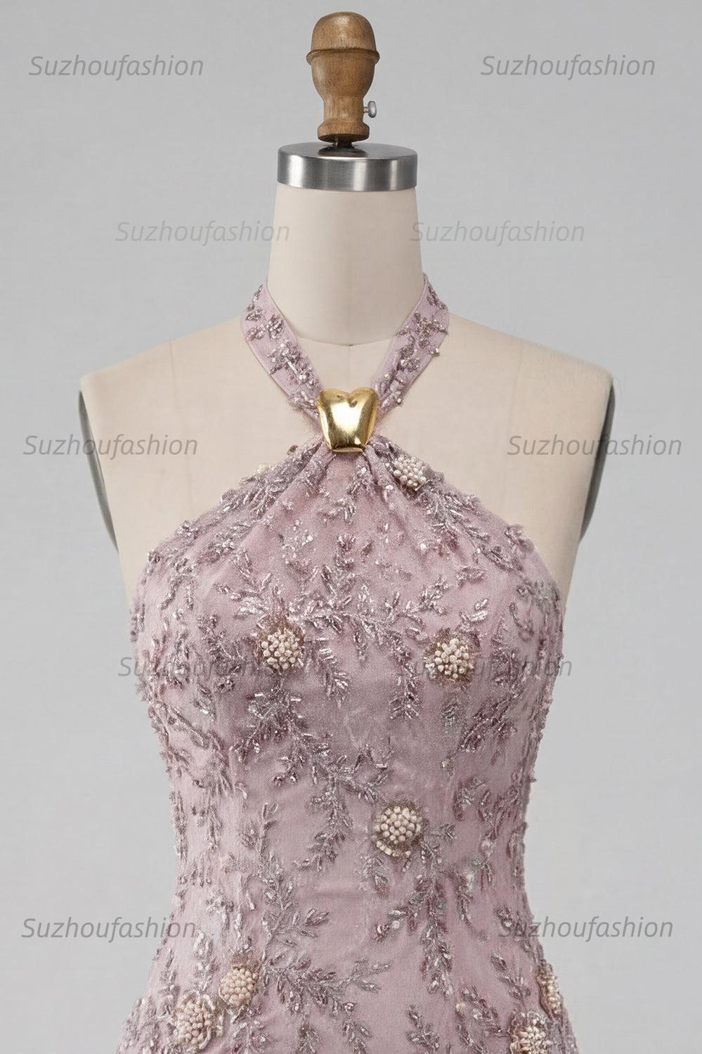 Suzhoufashion Floral Halter Fog Tight Short Beaded Homecoming Dress