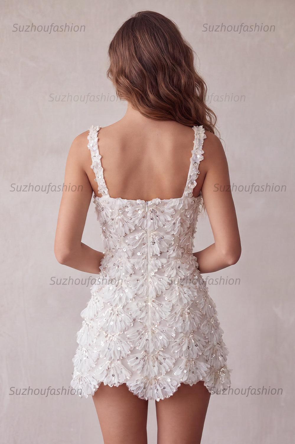 Suzhoufashion Floral Ivory Sequin Tight Short A-Line Homecoming Dress