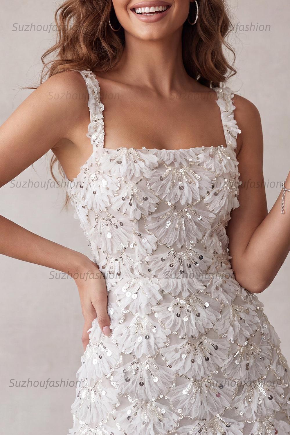 Suzhoufashion Floral Ivory Sequin Tight Short A-Line Homecoming Dress