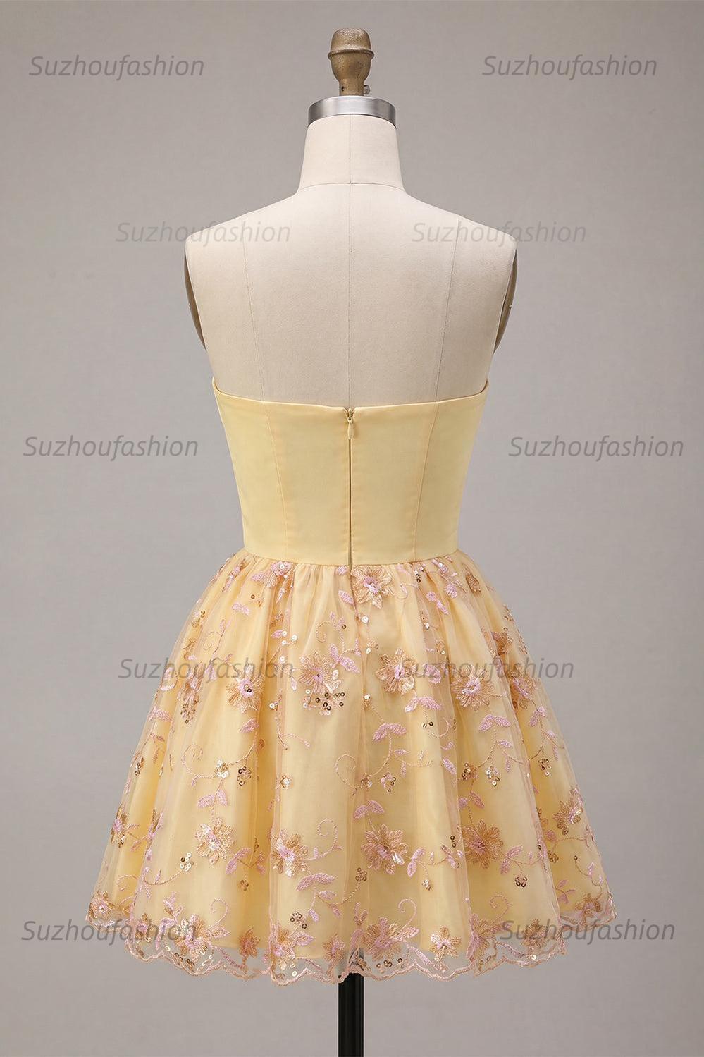 Suzhoufashion Floral Light Yellow A-Line Sequin Short Homecoming Dress