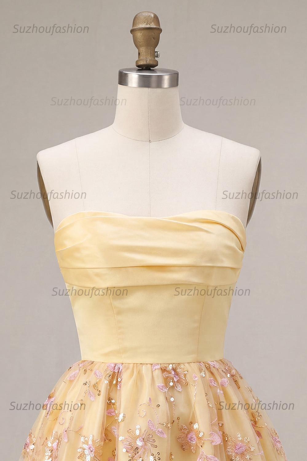 Suzhoufashion Floral Light Yellow A-Line Sequin Short Homecoming Dress