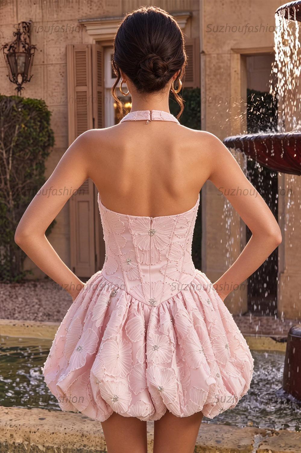 Suzhoufashion Floral Pink A-Line Beaded Short Corset Homecoming Dress
