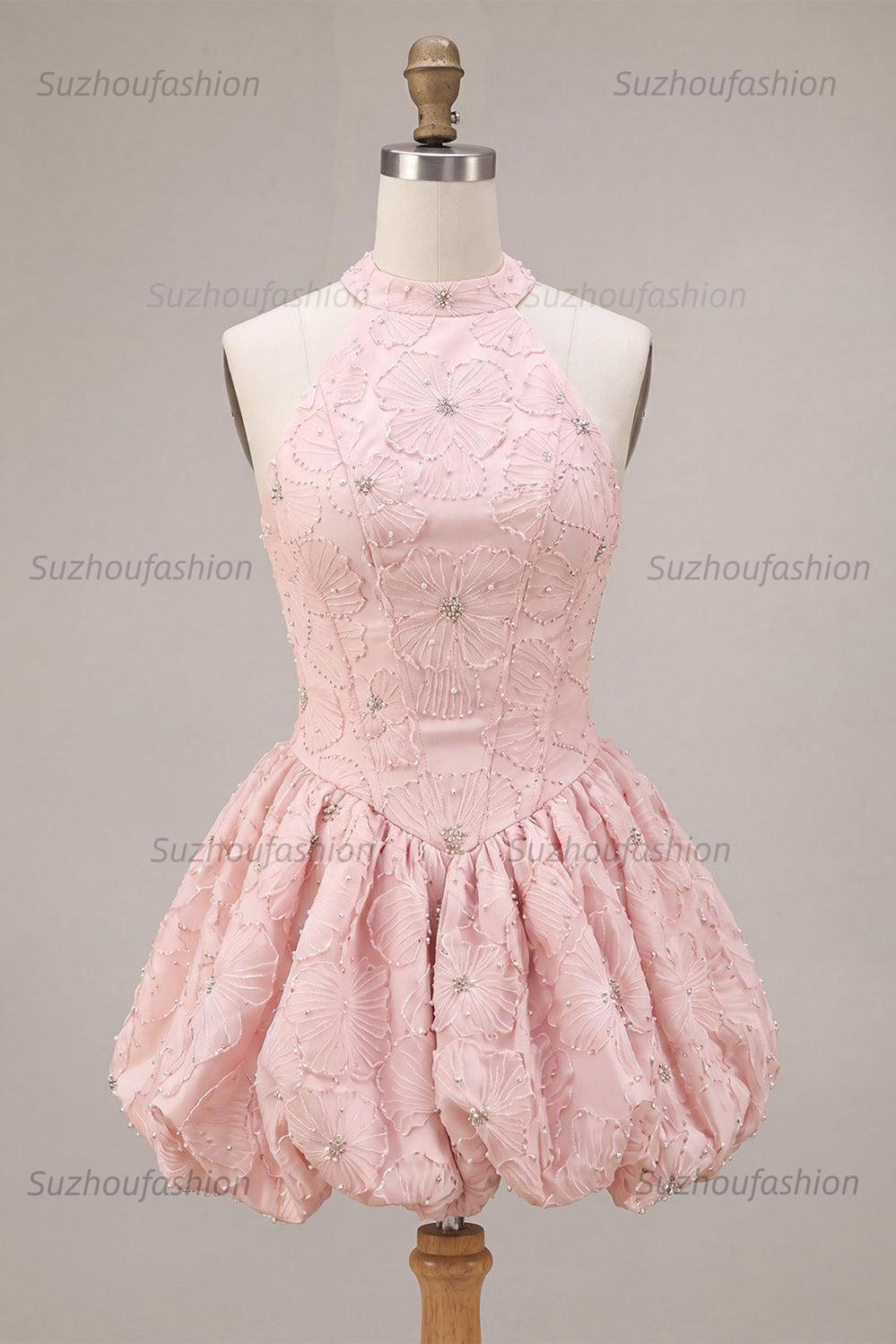 Suzhoufashion Floral Pink A-Line Beaded Short Corset Homecoming Dress