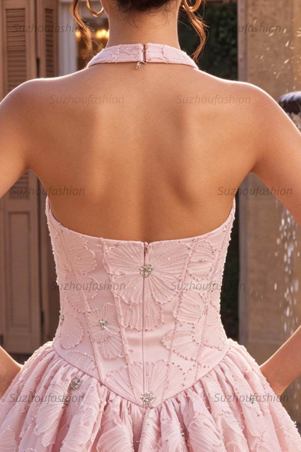 Suzhoufashion Floral Pink A-Line Beaded Short Corset Homecoming Dress