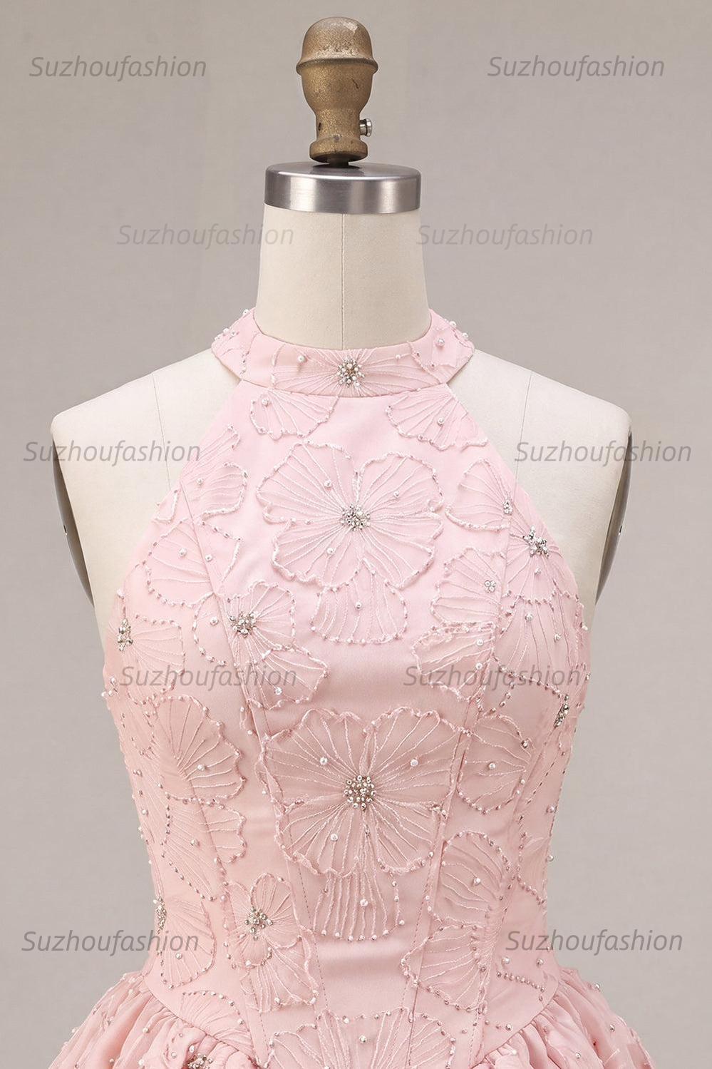 Suzhoufashion Floral Pink A-Line Beaded Short Corset Homecoming Dress