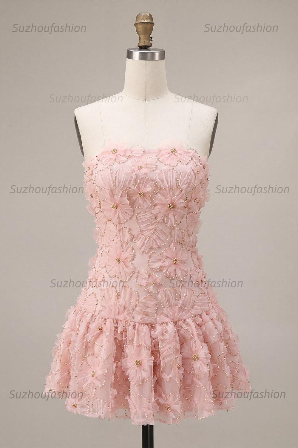Suzhoufashion Floral Pink A-Line Beaded Short Homecoming Dress