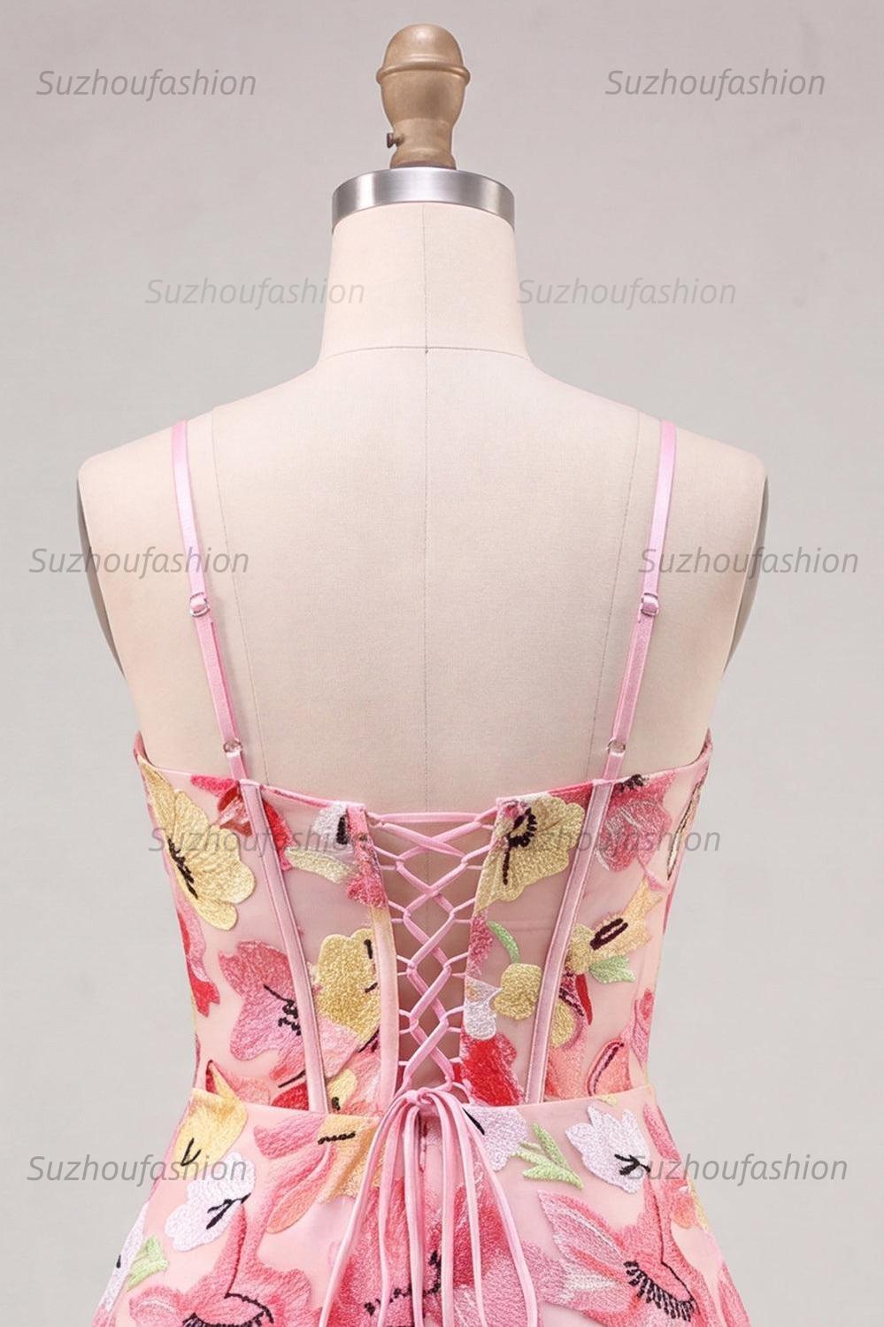 Suzhoufashion Floral Pink A Line Corset Short Homecoming Dress with Bow