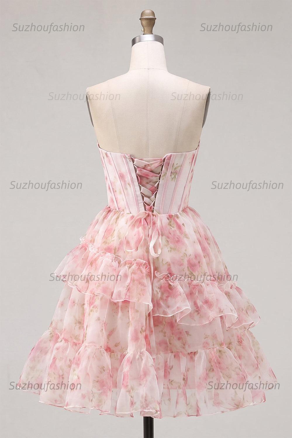 Suzhoufashion Floral Pink Beaded Short Corset Homecoming Dress with Ruffles