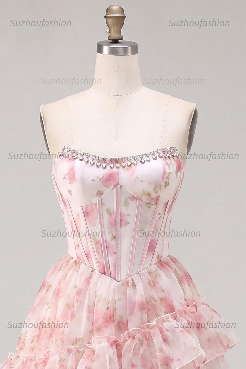 Suzhoufashion Floral Pink Beaded Short Corset Homecoming Dress with Ruffles
