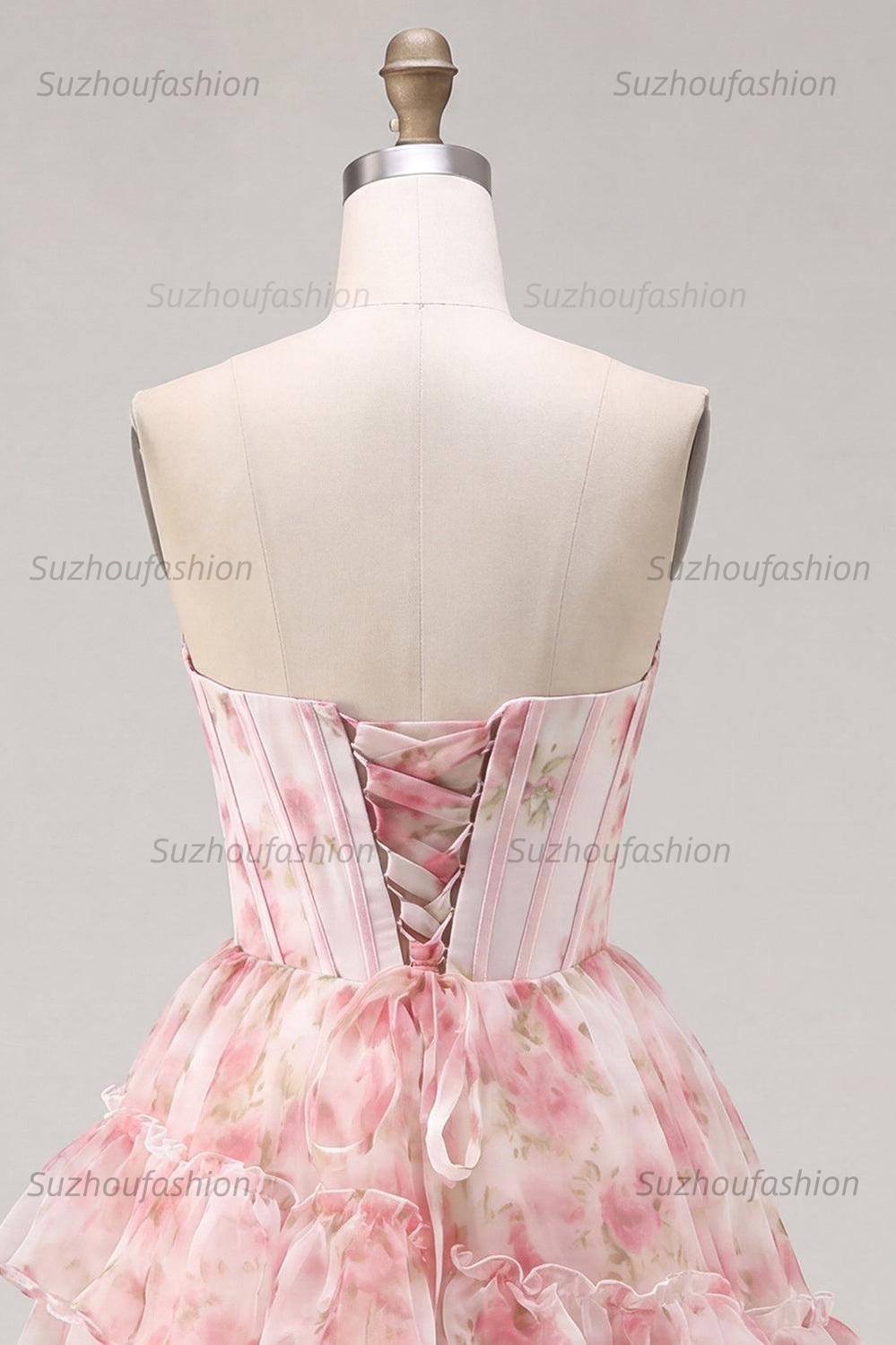 Suzhoufashion Floral Pink Beaded Short Corset Homecoming Dress with Ruffles