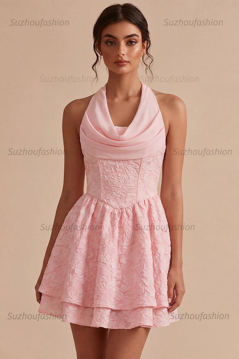 Suzhoufashion Floral Pink Halter Jacquard A-Line Short Homecoming Dress