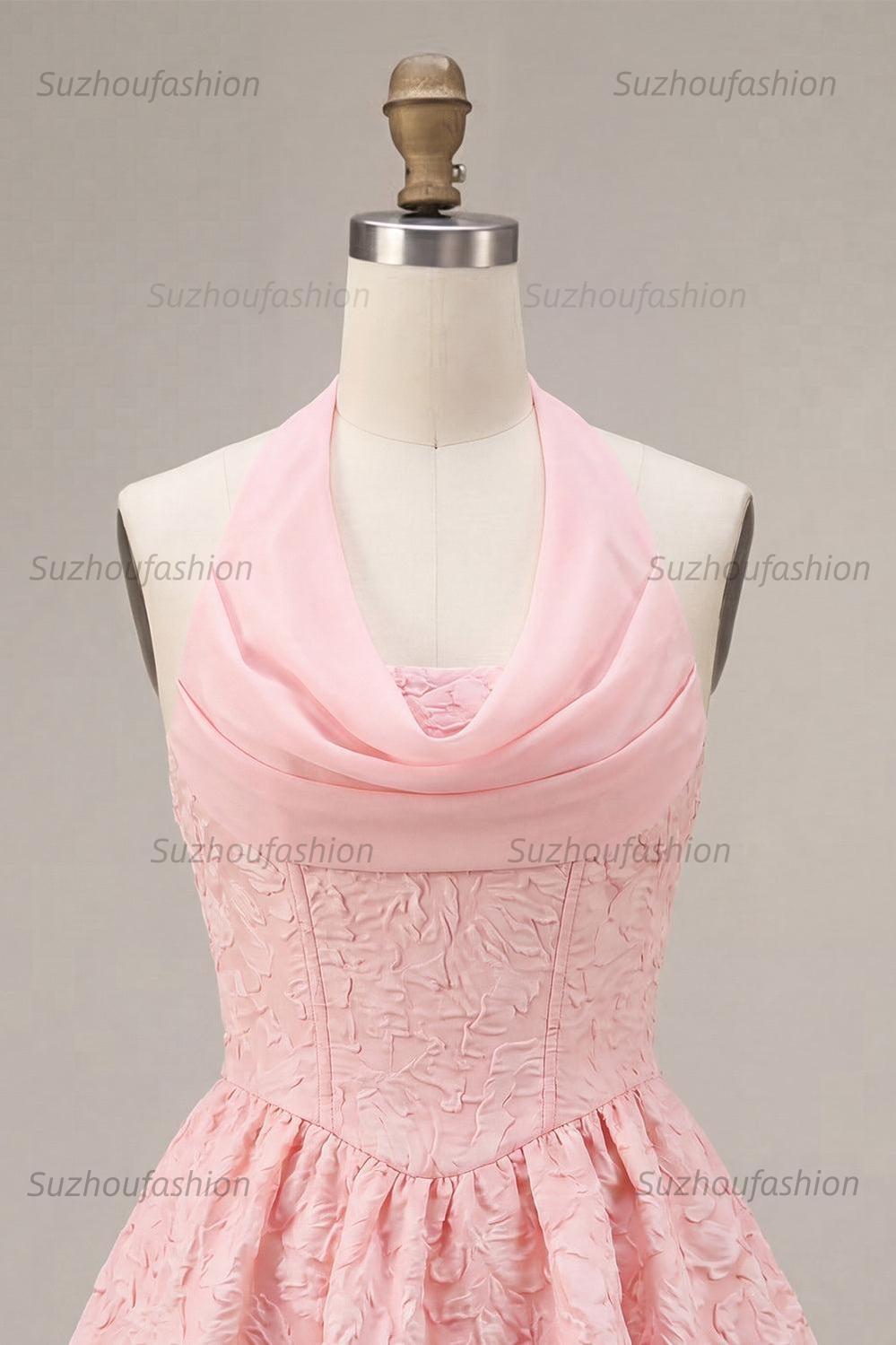 Suzhoufashion Floral Pink Halter Jacquard A-Line Short Homecoming Dress