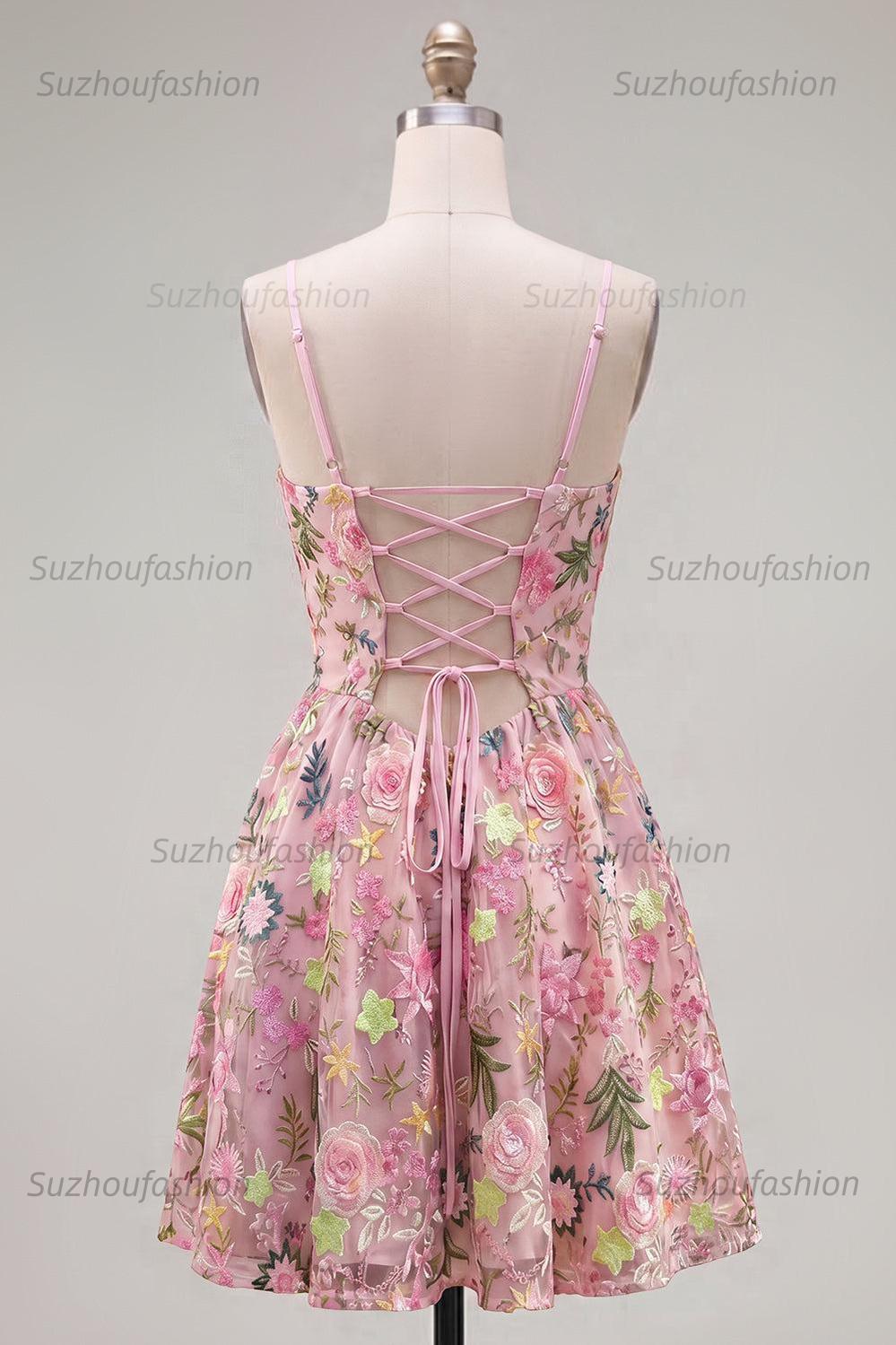 Suzhoufashion Floral Pink Spaghetti Strap A-Line Short Homecoming Dress with Pockets