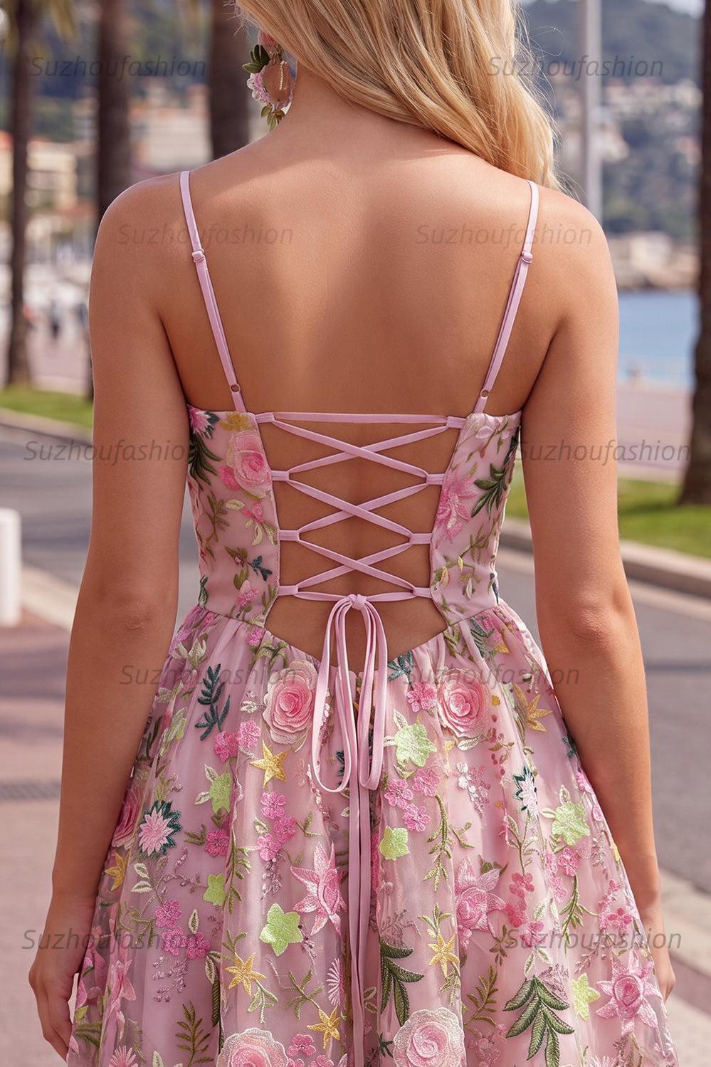 Suzhoufashion Floral Pink Spaghetti Strap A-Line Short Homecoming Dress with Pockets