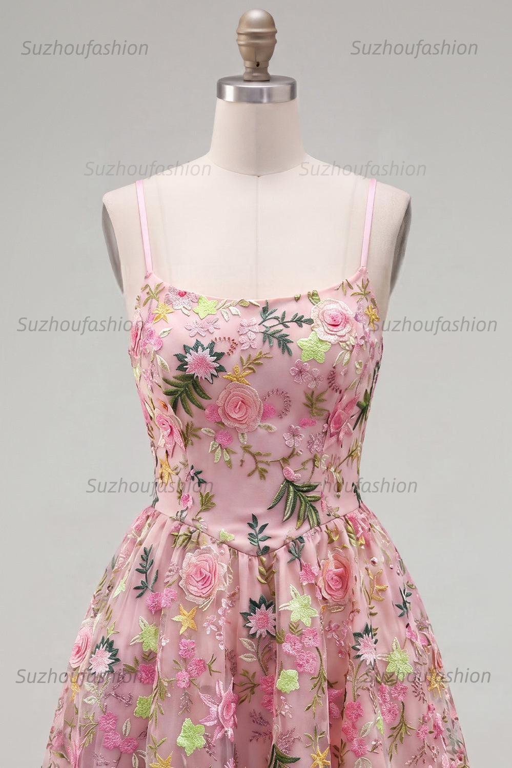 Suzhoufashion Floral Pink Spaghetti Strap A-Line Short Homecoming Dress with Pockets