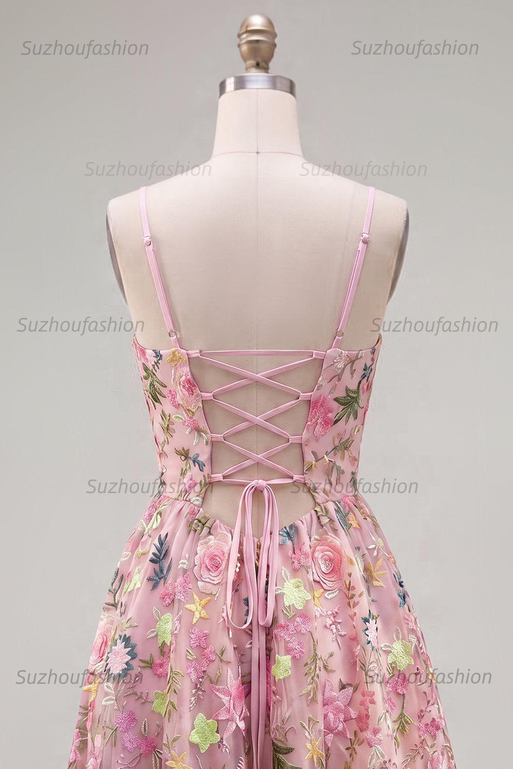 Suzhoufashion Floral Pink Spaghetti Strap A-Line Short Homecoming Dress with Pockets