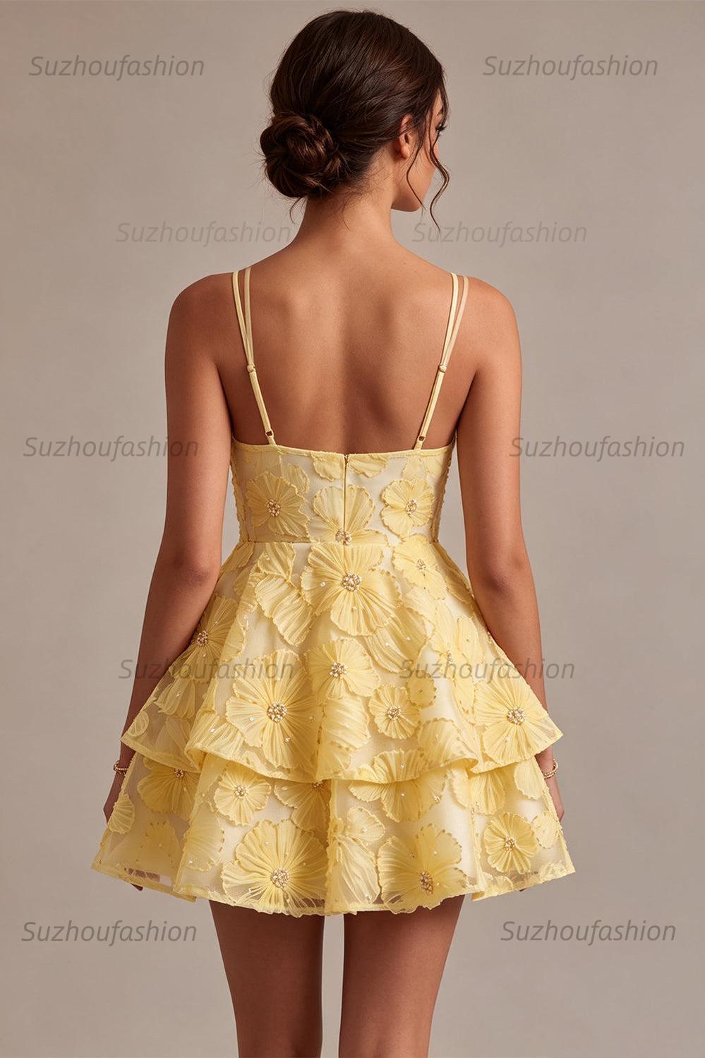 Suzhoufashion Floral Ruffled Light Yellow A Line Beaded Tiered Short Homecoming Dress