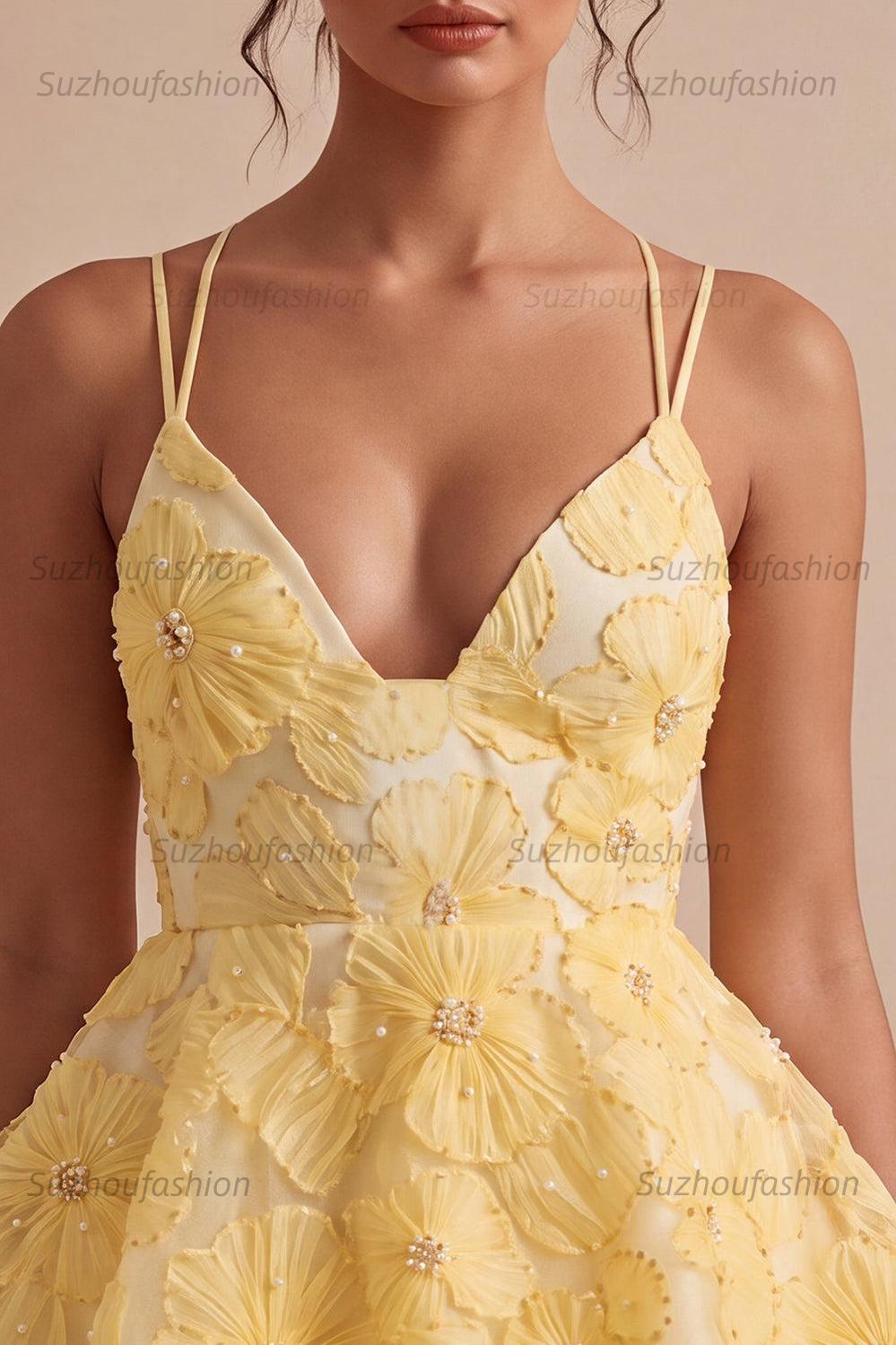 Suzhoufashion Floral Ruffled Light Yellow A Line Beaded Tiered Short Homecoming Dress