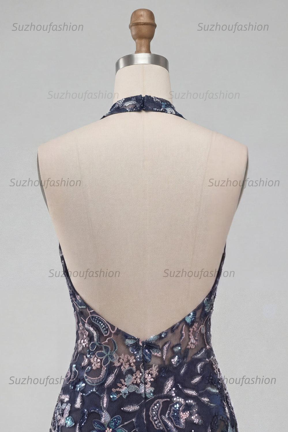 Suzhoufashion Floral Ruffled Navy Tight Halter Beaded Short Homecoming Dress