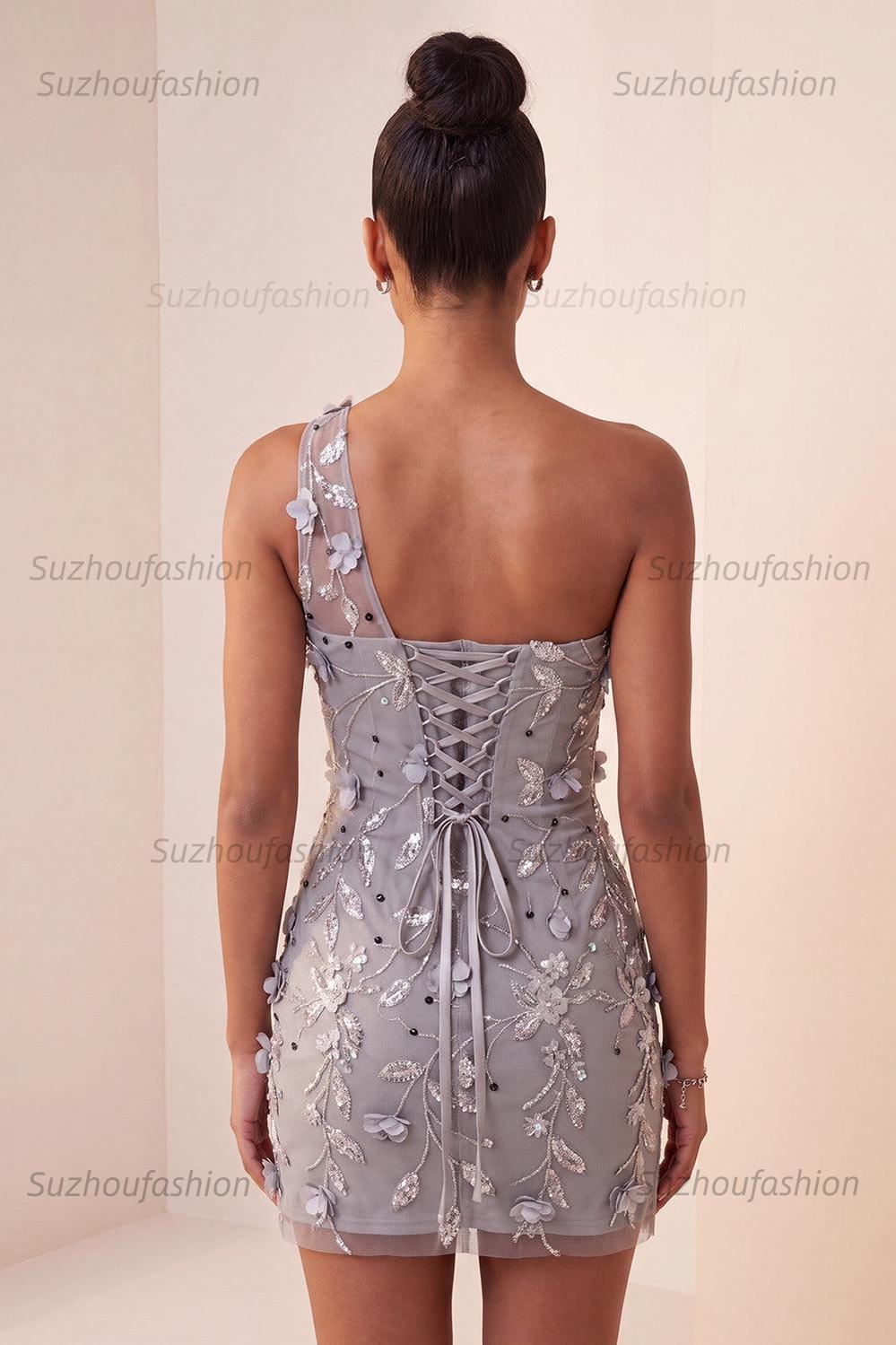 Suzhoufashion Floral Sequins Grey One Shoulder Tight Short Homecoming Dress