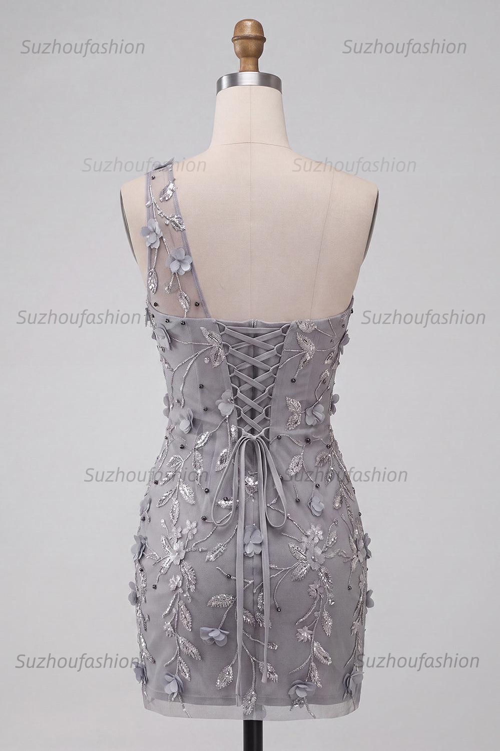 Suzhoufashion Floral Sequins Grey One Shoulder Tight Short Homecoming Dress