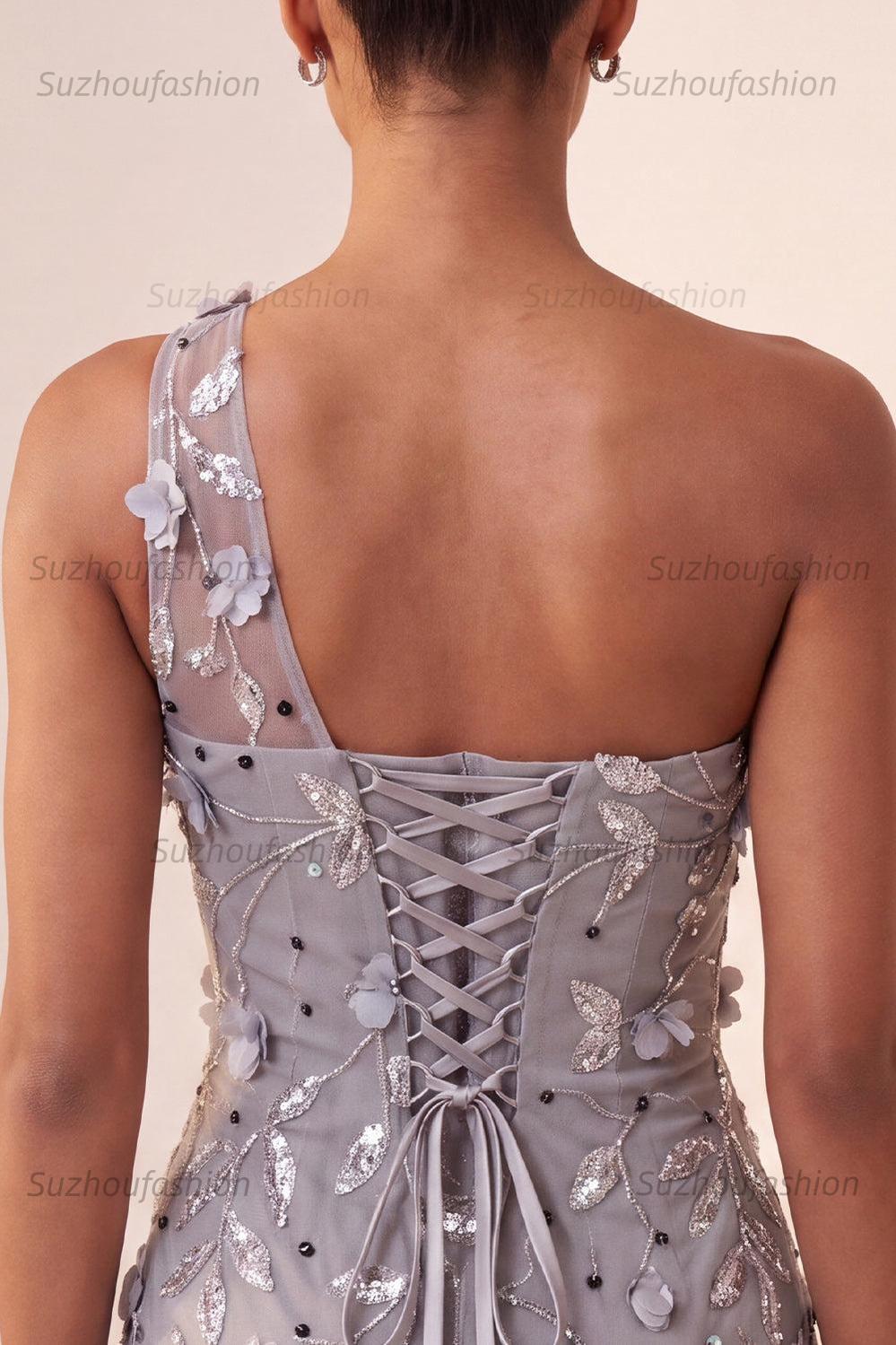 Suzhoufashion Floral Sequins Grey One Shoulder Tight Short Homecoming Dress
