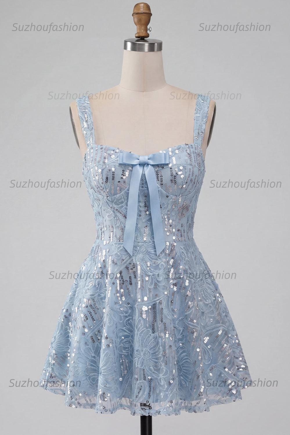 Suzhoufashion Floral Sky Blue Sequin A-Line Short Homecoming Dress with Bow