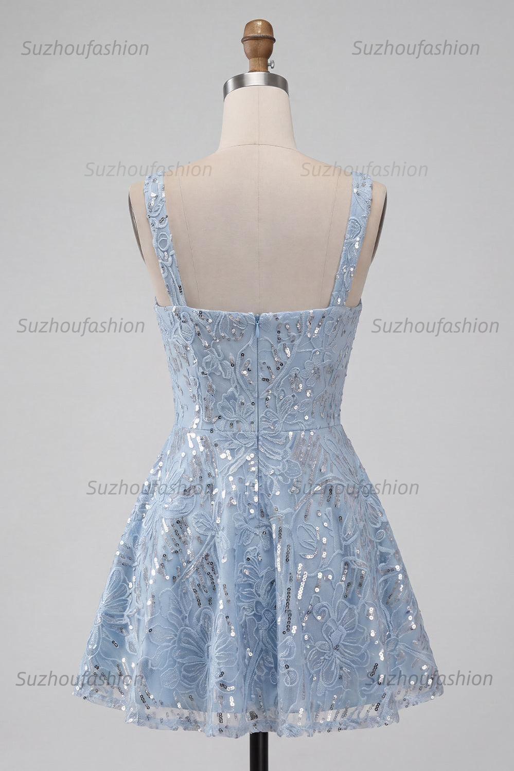 Suzhoufashion Floral Sky Blue Sequin A-Line Short Homecoming Dress with Bow
